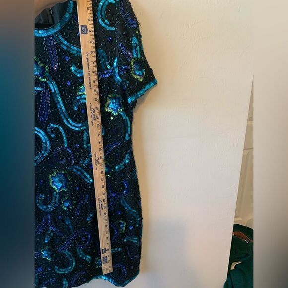 Sténay Vintage blue silk sequin/ beaded sheath dress size L - Picture 8 of 12